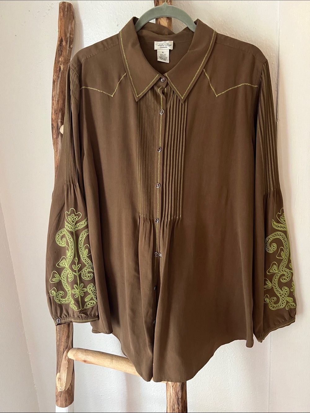 Tasha Polizzi Brown Silk Snap Front Shirt Lime Green Embroidery Pin Tucks XL